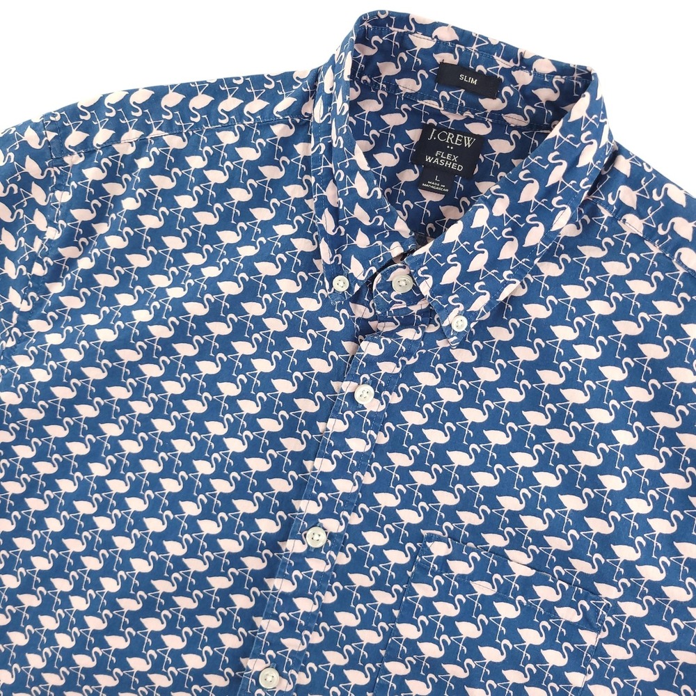 J.Crew Shirt Mens L Blue Flamingo Short Sleeve Button Up Slim Flex Casual